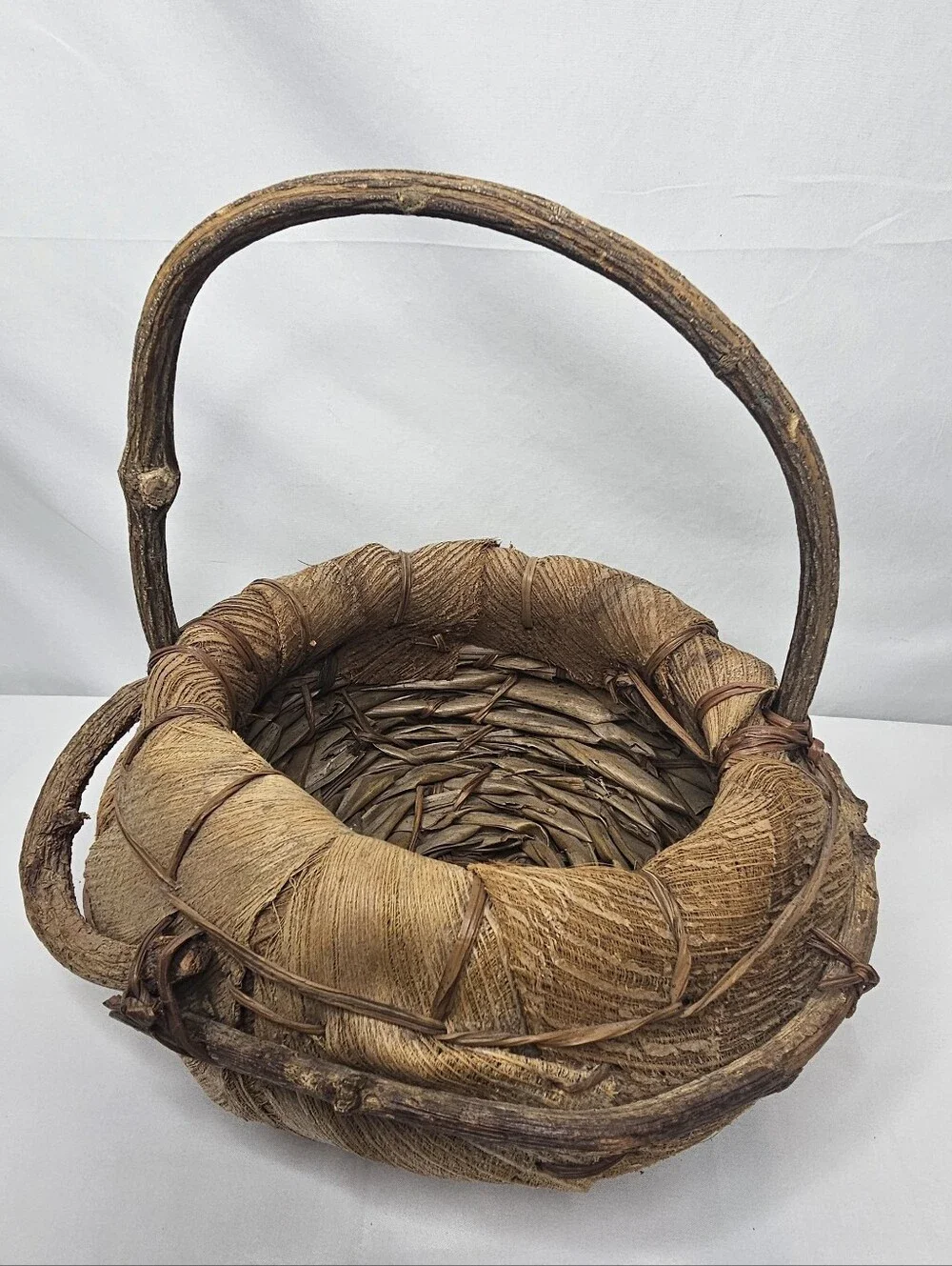 Vintage Rustic Folk Art Basket Natural Coconut Palm Spathe Fiber Grapevine Vine